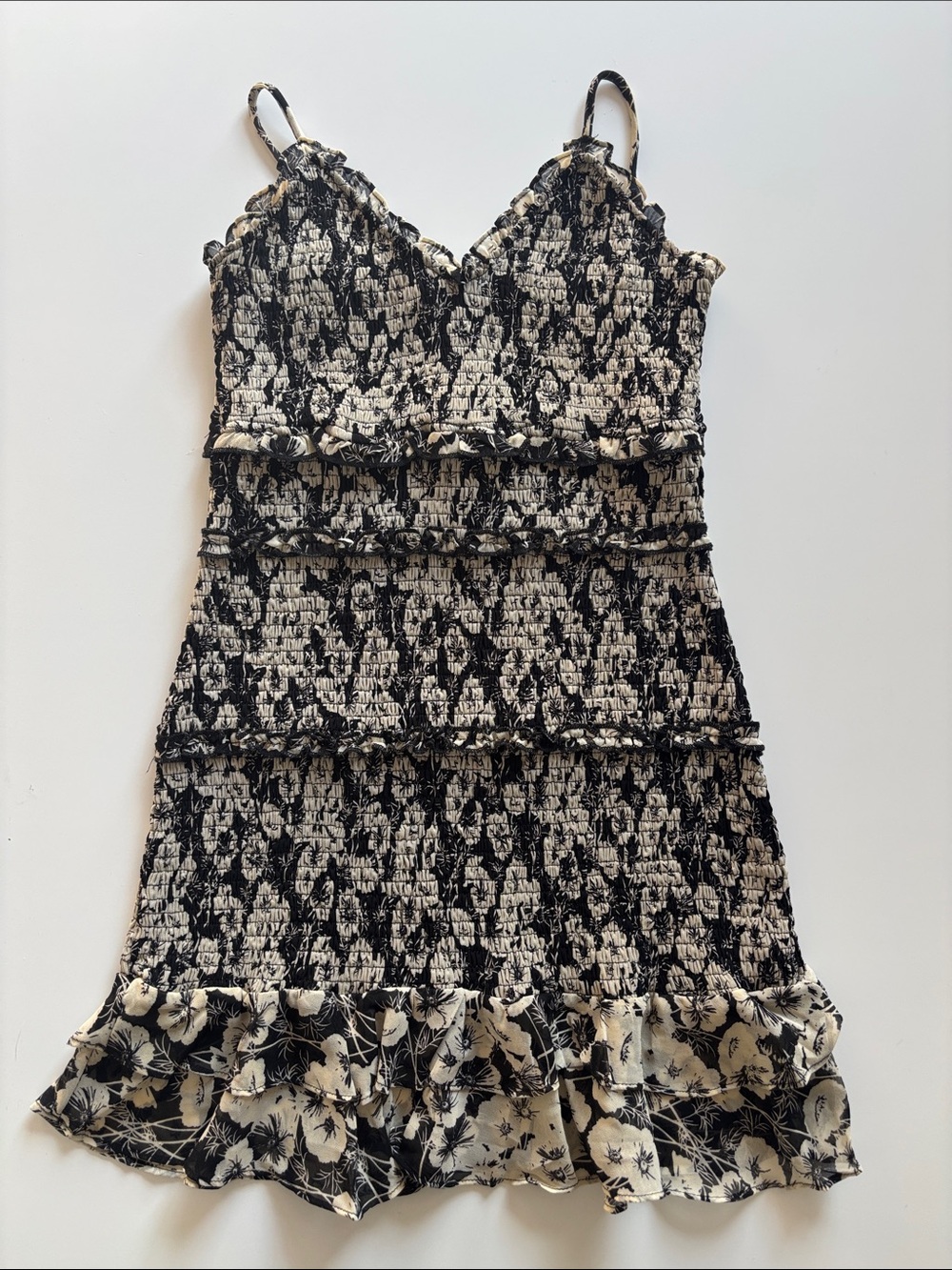 Olivaceous Black & Cream Smocked Ruffle Sun Dress